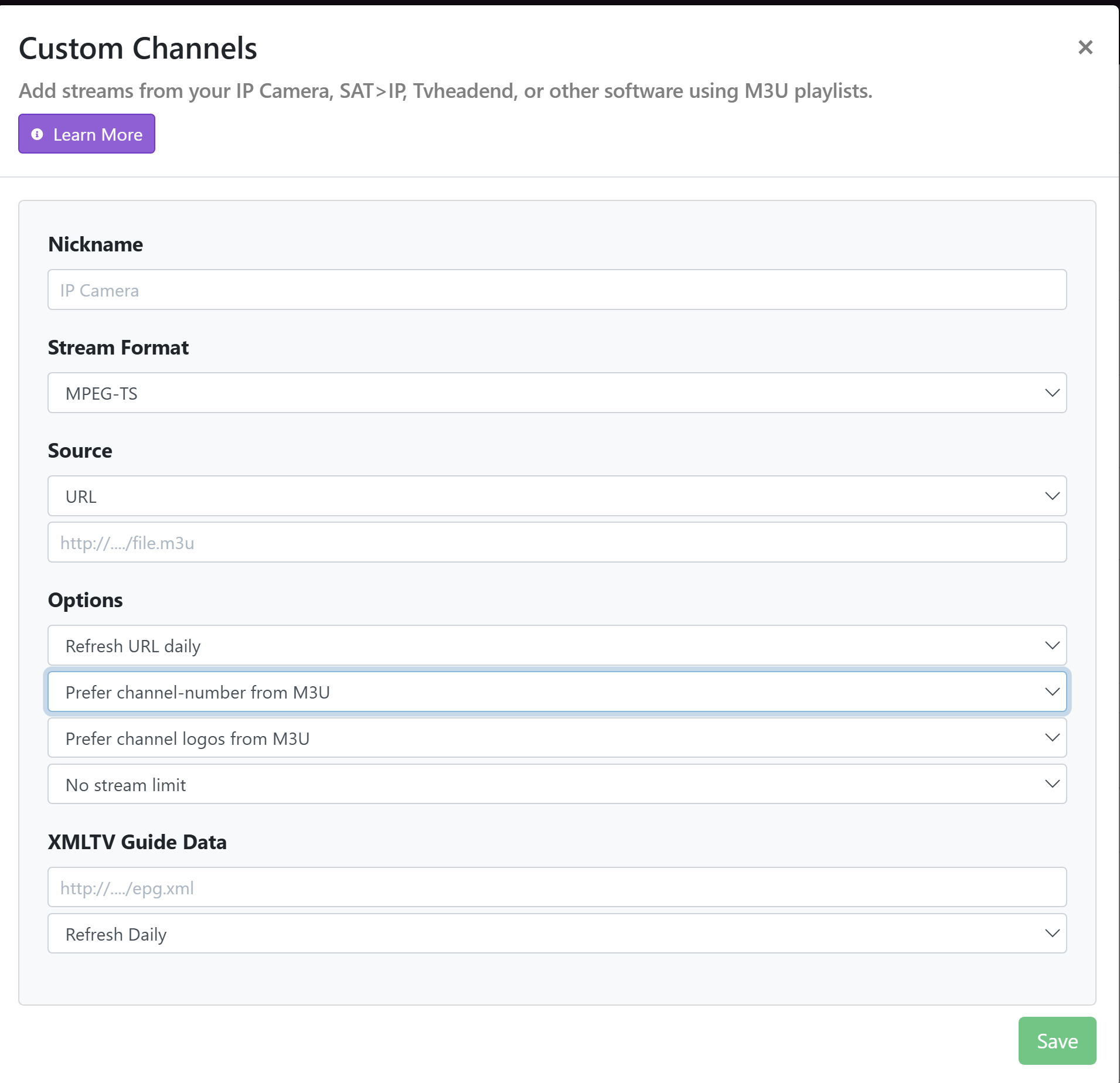 ChannelsDVR Custom Channels options